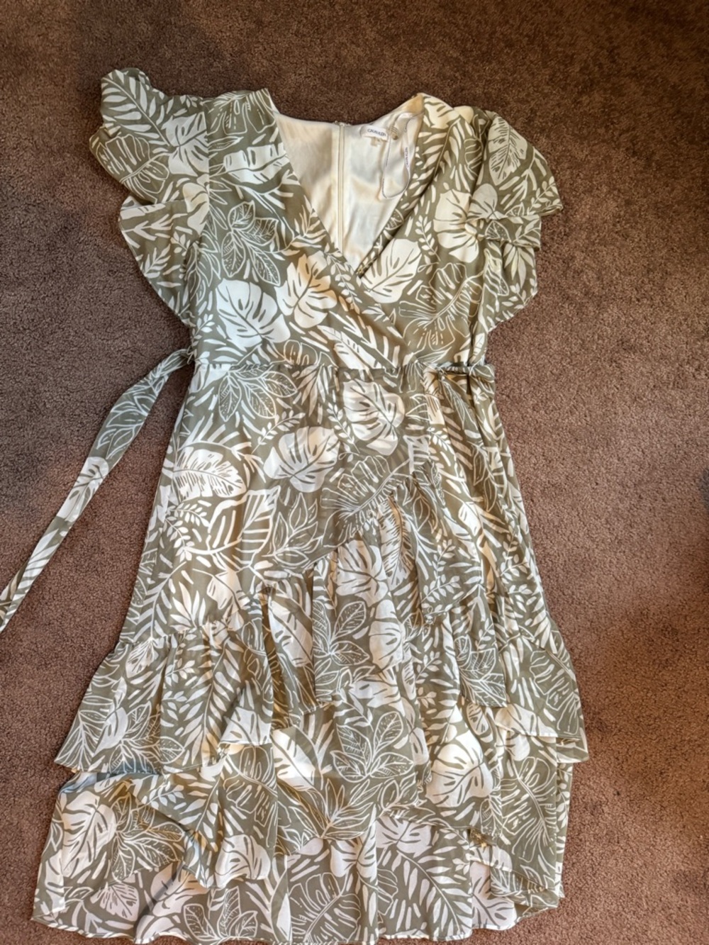 Calvin Klein Leaf-Print Wrap Dress - Olive & White